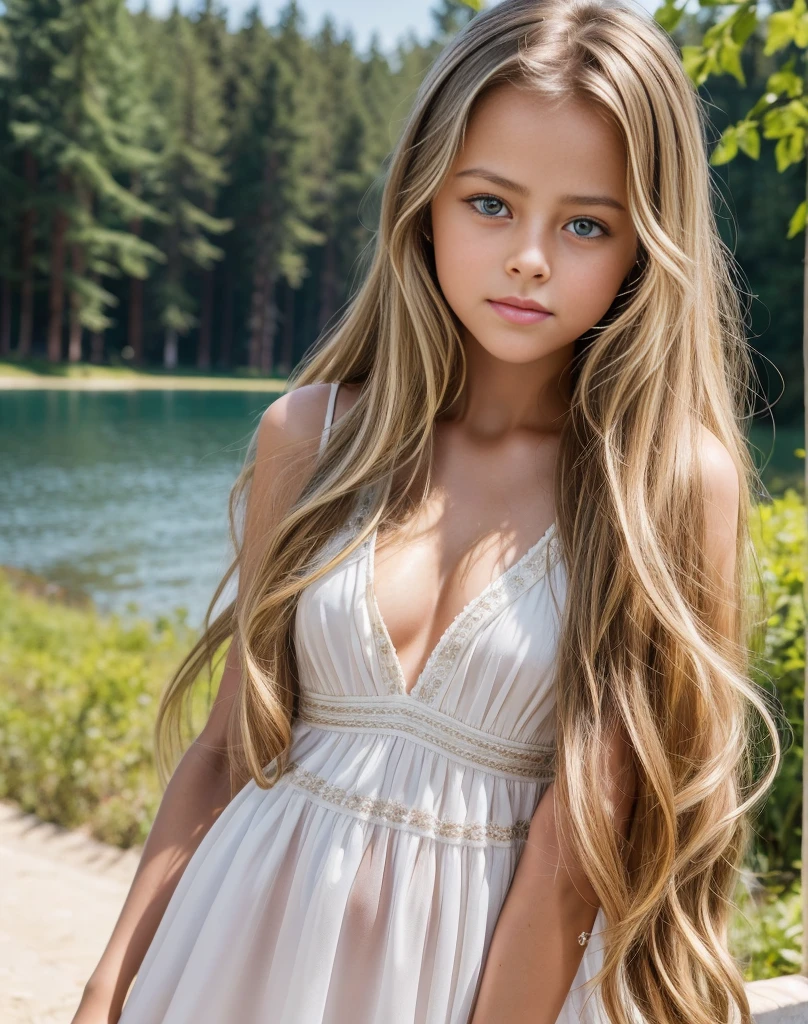 imagine a beautiful 11 years old young Russian teen girl with long wavy dark blonde hair and a white summer dress standing near a russian lake, (Kristina Pimenova:1.5), flat hair, thin face, body, flat breasts, gorgeous young 11 yo model, long wavy dark blonde hair, beautiful girl model, beautiful 11 yo model girl, cute young girl, prettiest teen model in the world, pretty face, thin face, very beautiful young girl, thin face, ultra realistic skin, perfect face, young and cute girl, gorgeous full body shot, by irakli nadar, mackenzie foy, 8K, ultra high res.photorealistic, UHD, Masterpiece, RAW, shy, innocent , pure