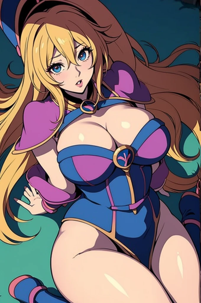 dark magician girl, 1 girl, ((barnet))), long blonde hair, swollen lips, painted lips, thick lips, wide hips, thick thighs, huge ass, lust desire face, huge natural huge breasts, cleavage, mature mother, arms up, hentai pose, arena, moster duel, yugioh