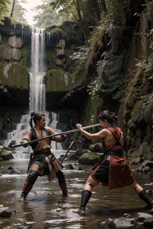 dos samurais luchando con katanas con una cascada de fondo