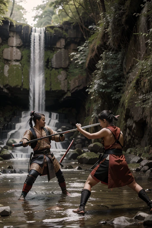 dos samurais luchando con katanas con una cascada de fondo