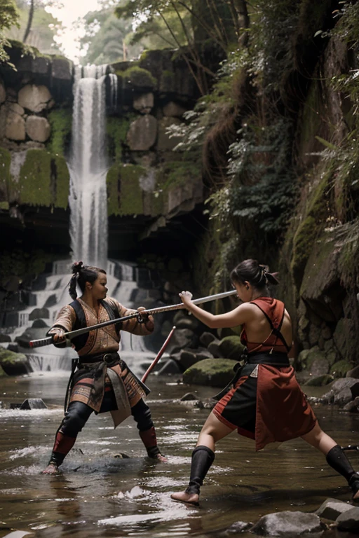 dos samurais luchando con katanas con una cascada de fondo