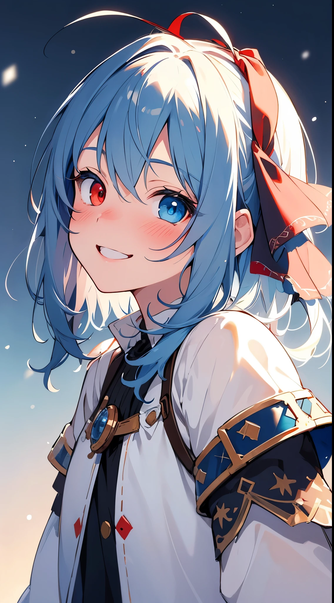 [[[masterpiece, ultra-detailed, best quality,]]] (masterpiece2.1), woman, portrait, , red eyes, blue eyes, heterochromia eyes, happy, smiling, medium hair, hair ribbon, blushing, cyan hair, looking up, dynamic angle. medieval snowy background. 