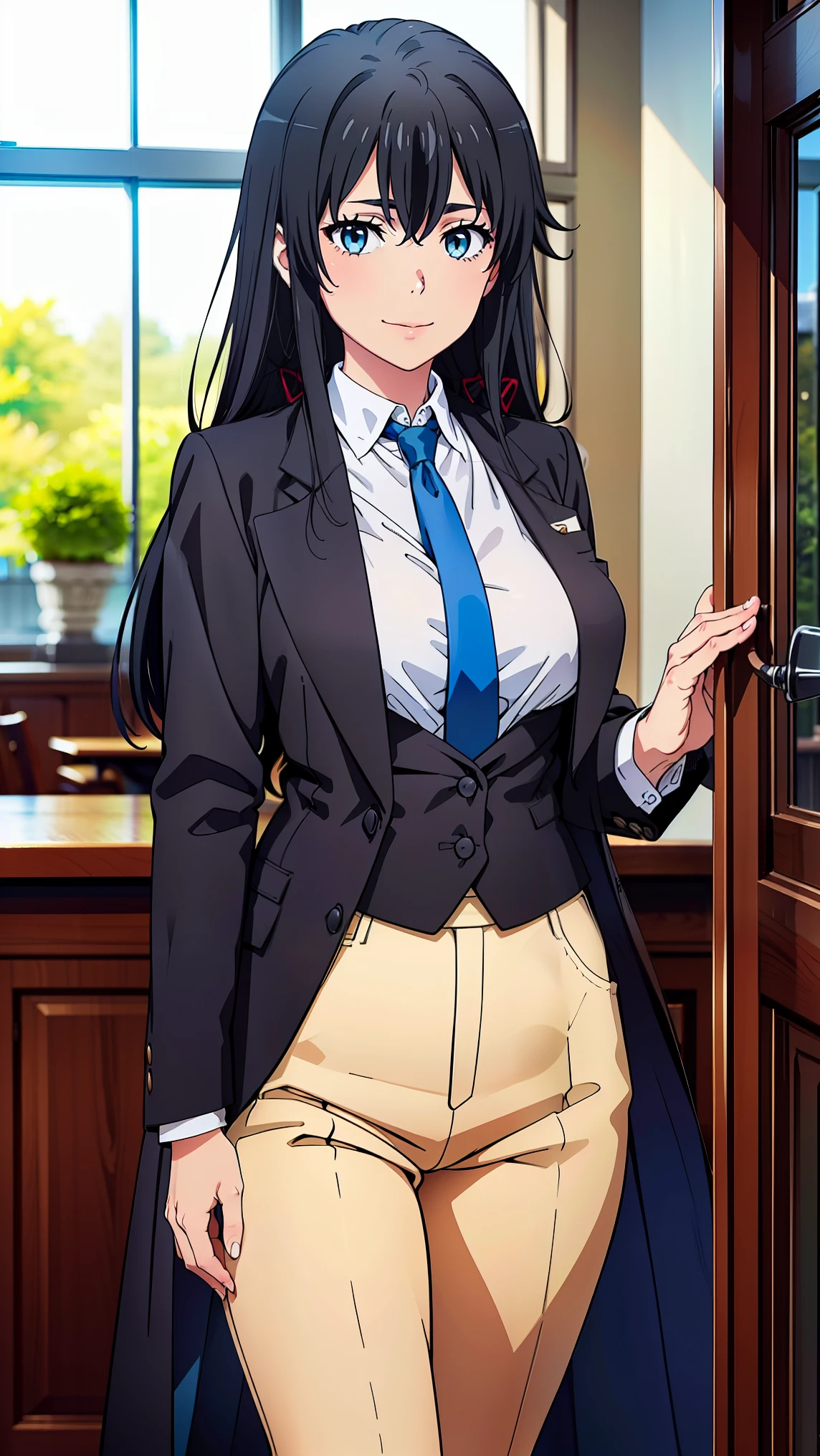 ((best quality)), ((masterpiece)), (detailed) 1girl, ;\), blurry, blurry_background, breasts, , hair_long looking_at_viewer, ok_sign, open_hand, Yukinoshita Yukino ,Woman wearing formal clothes, An attractive coat stands in a large gap in the room , 1girl, 独奏, blue necktie, Black hair, eyes blue, long hair, smile , collared shirt, white pants, white shirt , Elegantly designed coat , Stand in front of a window ,Perfectly tailored tailcoat. It has a stunning Victorian design and is made of lustrous fabric