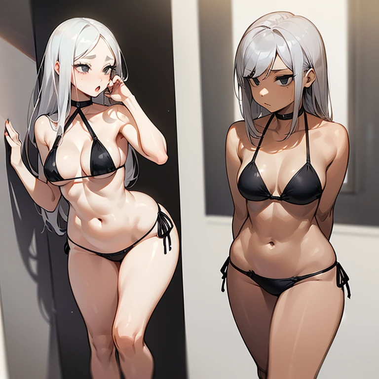 (((I want a woman with light skin, completely black eyes, long gray hair, body with slight curves, medium breasts, wearing a bikini)))