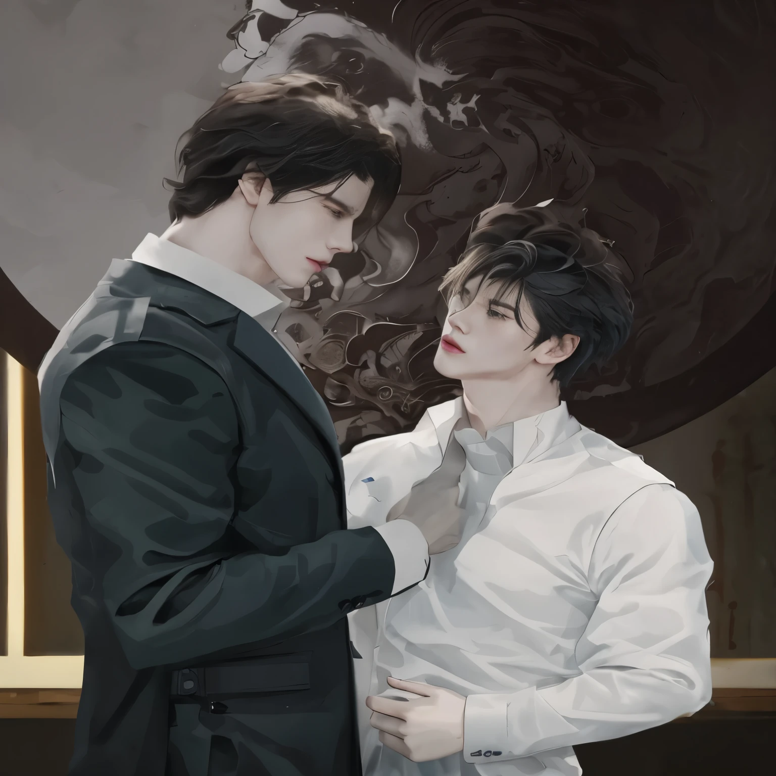 There was a man and a woman standing next to each other., Two handsome anime boys, Edmund Blair and Charlie Bowater, By Yang J, In the art form of the pond, Male Art, high quality fanart, official fan art, Very detailed fan art, Inspiration from Zhang Han, Niksu and Sakimichan, Inspiration from Yan Juncheng, Detailed fan art