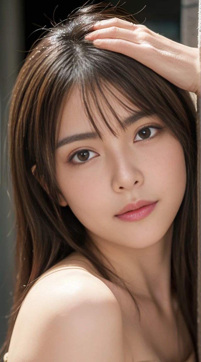 mesa, melhor qualidade, Photorealistic, detalhes finos, high resolution, 8K wallpapers, Perfect dynamic composition, sharp focus, Um hiper-realista, lindos olhos detalhados, cabelo medio, seios grandes e cheios, Random and sensual poses, Junte seu peito, (Beige Tight O Neck Mesh Tank Top, Clivagem bem aberta:1.4, calcinha de corte alto), (Breast bulge:1.2, Enfatiza a clivagem, Top with a clear view of the shape of the breast), Um sorriso, abra a boca aberta, Resort setting, 25 anos de idade, (droopy eyes:1.4), Beleza adulta, Japanese, Colar de corrente simples, brinco grande, Fotografando de frente