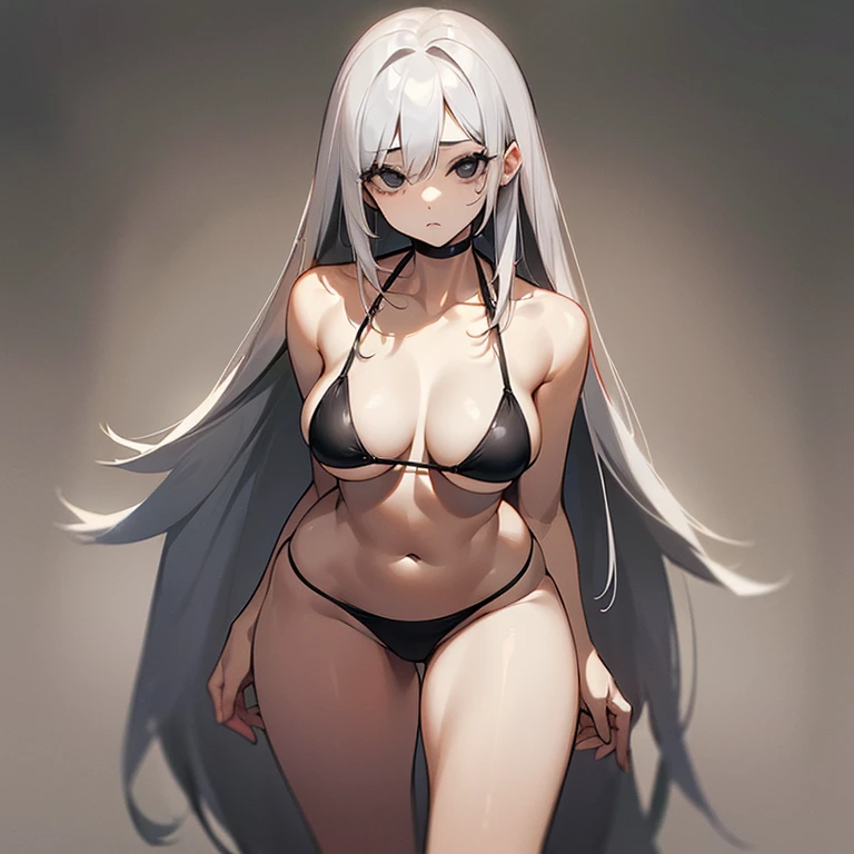 (((I want a alone woman with light skin, completely black eyes, long gray hair, body with slight curves, medium breasts, wearing a bikini)))