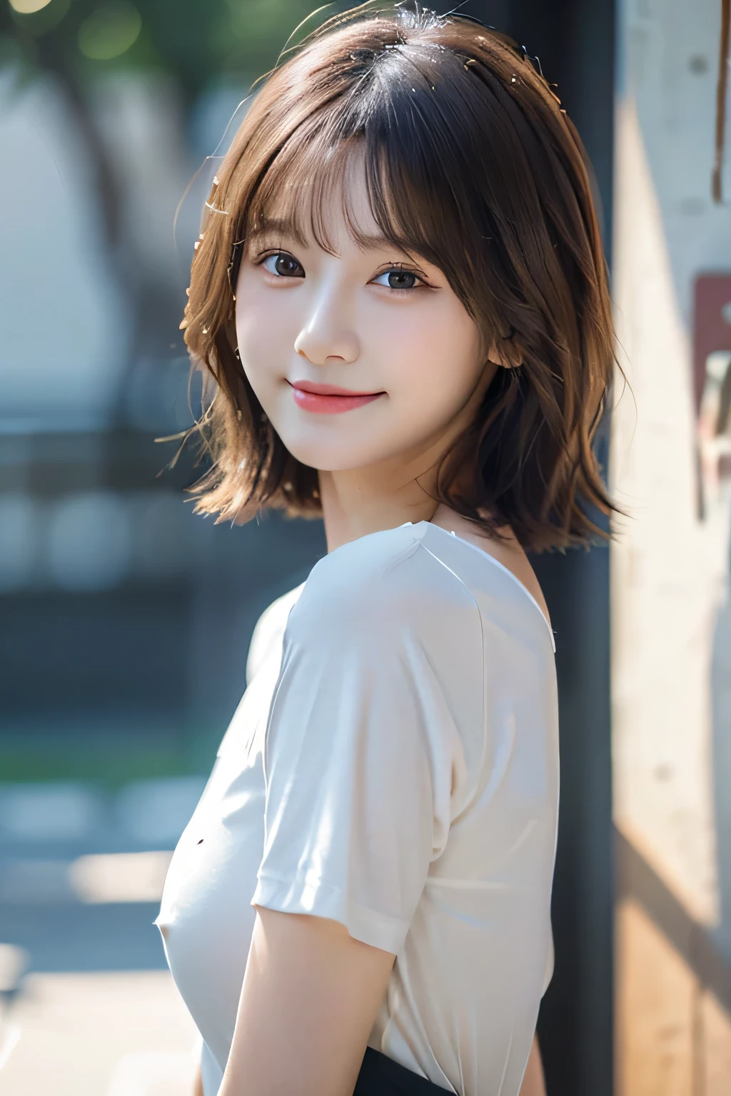 8K, highest quality, real image, intricate details, Super detailed, ultra high resolution, depth field,(realistic,realistic:1.2),table top, narrow eyes, frontal shot , From the middle , 1 girl, 17 year old girl, small eyes:1.3, narrow eyes:1.3, beautiful breasts:1.5、highly detailed eyes:1.2)、(beautiful breasts:1.1), (short hair:1.3), bangs, perfect skin, Fair skin, tight waist, light blush, alone, looking at the viewer, light smile, (White Round Neck T-Shirt, black shorts), locker room