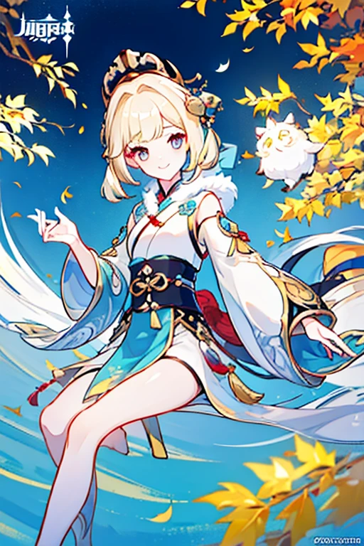 (Masterpiece: 1.5, Best quality, High resolution: 1.3, Super resolution, Super detailed, Ultra detailed: 1.3, Rich background: 1.2, 1 girl)) pale skin + ash blonde hair + yellow left eye, black right eye + eyelashes long bottoms + short pixie hair + long bangs covering right eye + soft thighs + medium chest + long legs + curvilinear body + toned body (female Chinese costume, modern hanfu style, white fluffy scarf, small jewelry) ((shy smile, elegant fingers near the chin, falling leaves, photo icon)) ( colors to use: gold, black, white, light blue, red)