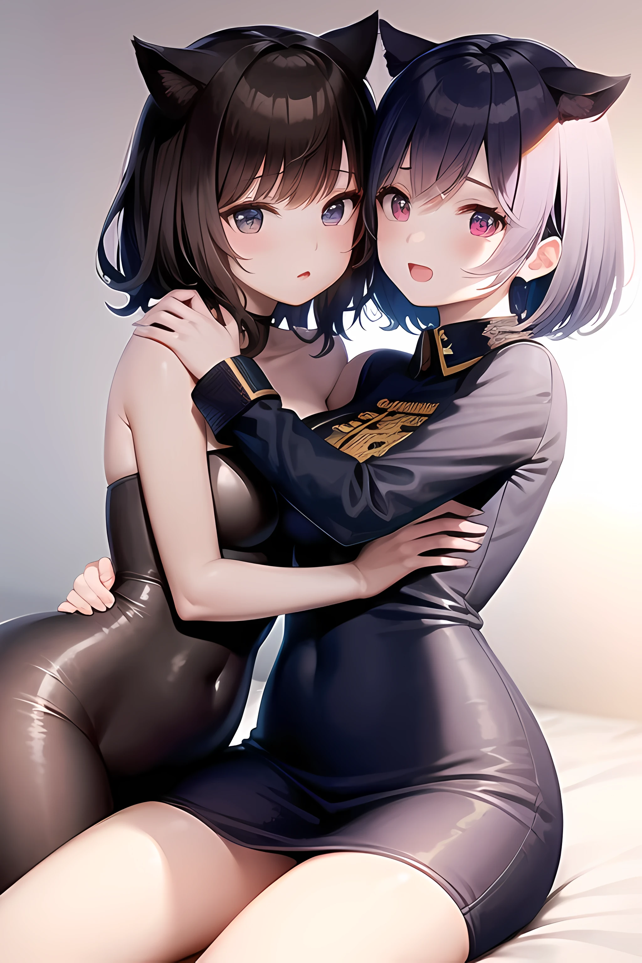 2 girls、 {{masterece-piece}}, {{{best qualiy}}}, {{Ultra Verbose}}, , Short Hair,Purple eyes,navy hair、military outfit、Lie down and hug each other、{{masterece-piece}}, short wavy hair, Black Hair, black cat ear, Blue eyes、military outfit、Lie down and hug each other、Background on bed