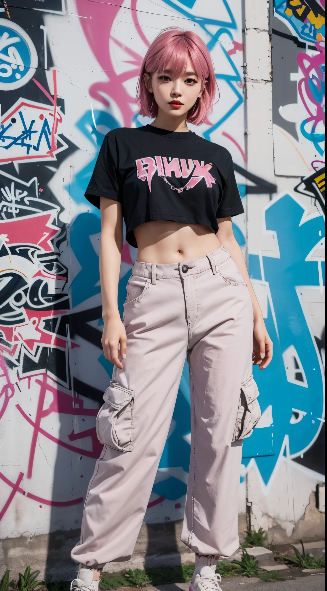 best quality, Clarity, 4k, 8k, detail, actual, Beautiful Girl, Korean makeup, Red lips, pink and blue mullet haircut, Perfect body, thigh, stand, pose standing, medium chest, inner top, black Cargo Box Pants, Solid graffiti wall background, Graffiti art,