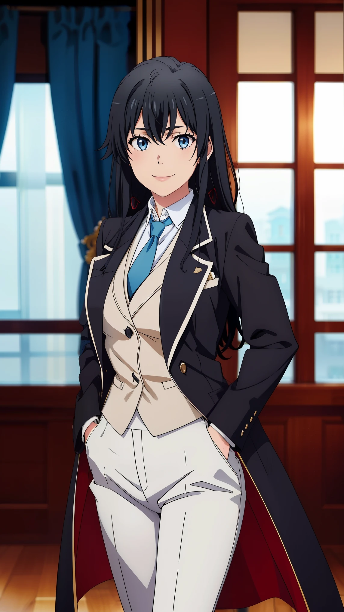 tailored tailcoat((best quality)), ((masterpiece)), (detailed) 1girl, ;\), blurry, blurry_background, breasts, , hair_long looking_at_viewer, ok_sign, open_hand, Yukinoshita Yukino ,Woman wearing formal clothes, An attractive coat stands in a large gap in the room , 1girl, 独奏, blue necktie, Black hair, eyes blue, long hair, smile , collared shirt, white pants, white shirt , Elegantly designed coat , Stand in front of a window ,Perfectly tailored tailcoat. It has a stunning Victorian design and is made of lustrous fabric