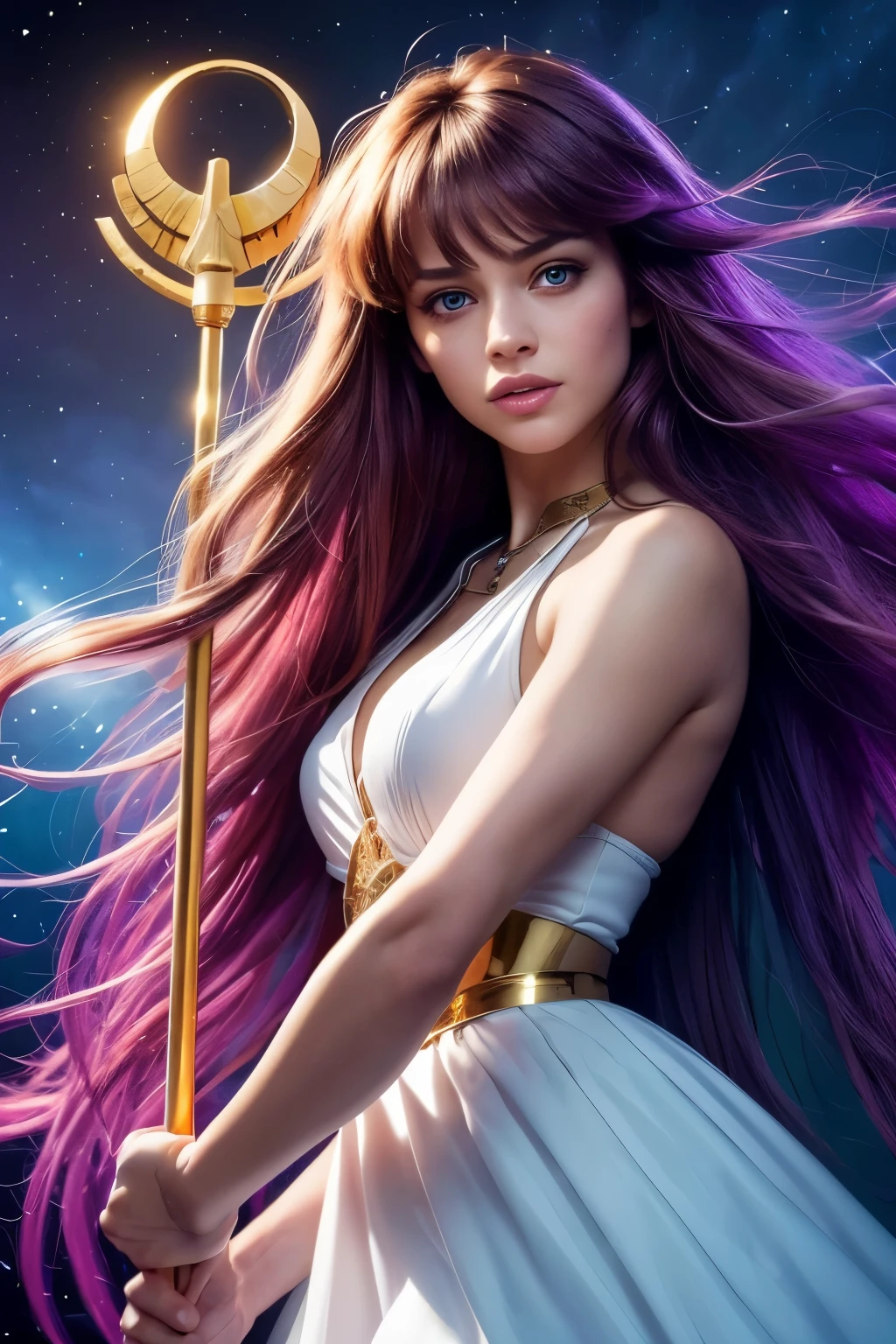 masterpiece), (photorealistic), full-body portrait, (beautiful woman), 18 years old, caucasian (greek), (1girl) solo, imposing, slightly side view of head, ((looking the viewer), ((pretty big light green eyes)), ((pretty well done eyes)), defiance expression, pretty beautiful, detailed face, ((delicate face)), wearin a white ow-cut and sleeveless long dress,holding a golden staff with a golden hollow circle, long straight full purple hair, ((messy hair)), (hair bangs), (hair blowing in wind), cosmic colorful sky background, cinematic lighting.