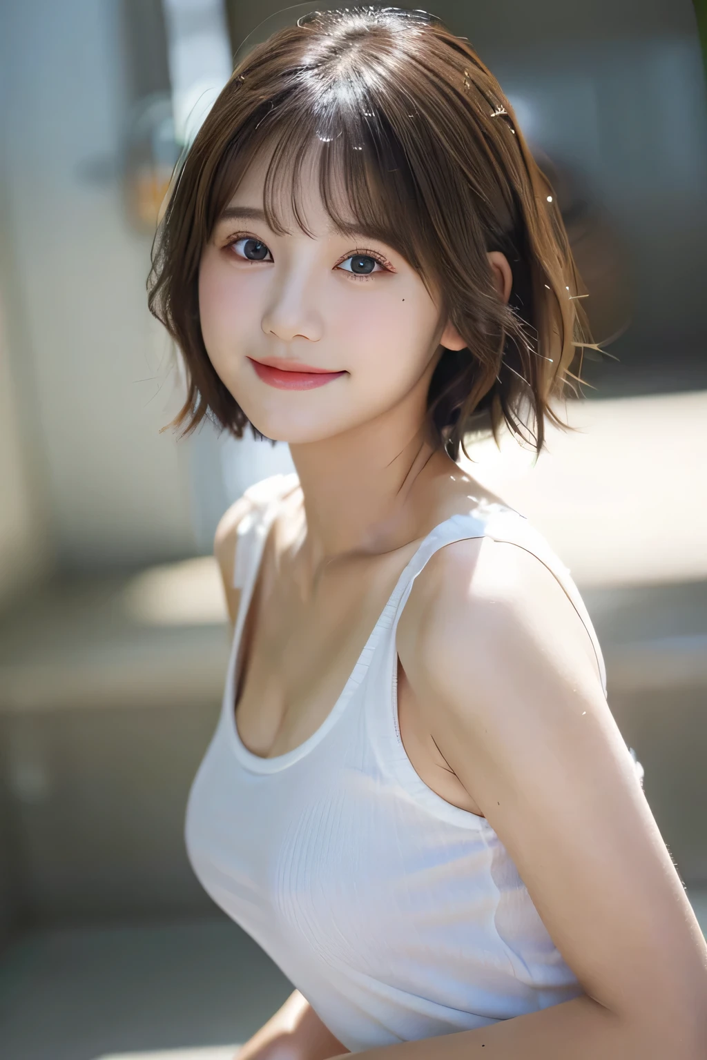 8K, highest quality, real image, intricate details, Super detailed, ultra high resolution, depth field,(realistic,realistic:1.2),table top, narrow eyes, frontal shot , From the middle , 1 girl, girl, small eyes:1.3, narrow eyes:1.3, beautiful breasts:1.5、highly detailed eyes:1.2)、(beautiful breasts:1.1), (short hair:1.3), bangs, perfect skin, Fair skin, tight waist, light blush, alone, looking at the viewer, light smile, (White Round Neck T-Shirt, black shorts), locker room