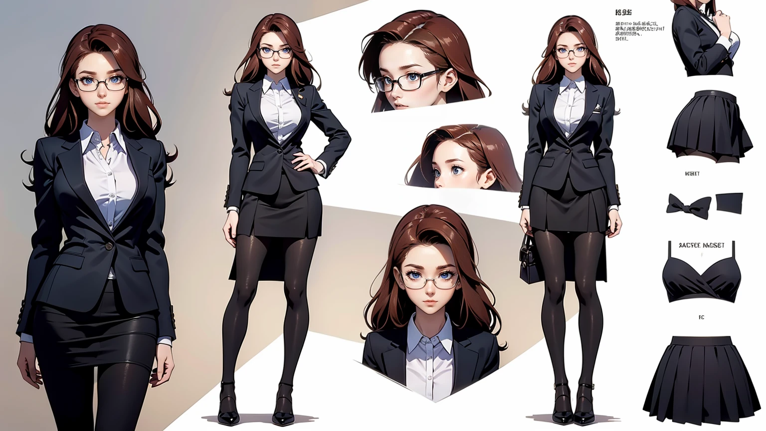 ((Masterpiece, Highest quality)), Detailed face, character design sheet, full bodyesbian, Full of details, frontal body view, back body view, Highly detailed, Depth, Many parts, (young girl with long hair ginger), 18 years old, shy gorgeous girl, same character, muscle body, business suit, girl tall, sexy secretary, glasses, short black skirt, white shirt