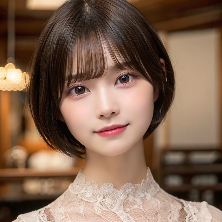 Echiechi, Constricted body, Rumor, adult woman, 30 generations, beautiful detailed eyes, short bob hair, best quality, masterpiece, Layer Bob Hair, Moist eyes, Pixie Cut, Awesome pose, long eyes, brown eyes, brown eyes, smile, smiling, real, glossy lips, Chubby lips, Japanese, natural makeup, Kaede Fua, small ass, slender face, professional lighting, cowboy shot, 8 heads and bodies, selfie, Menes, baby doll,