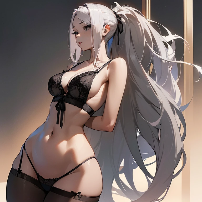 (((I want a alone woman with light skin, completely black eyes, long gray hair, body with slight curves, medium breasts, wearing a lingerie)))