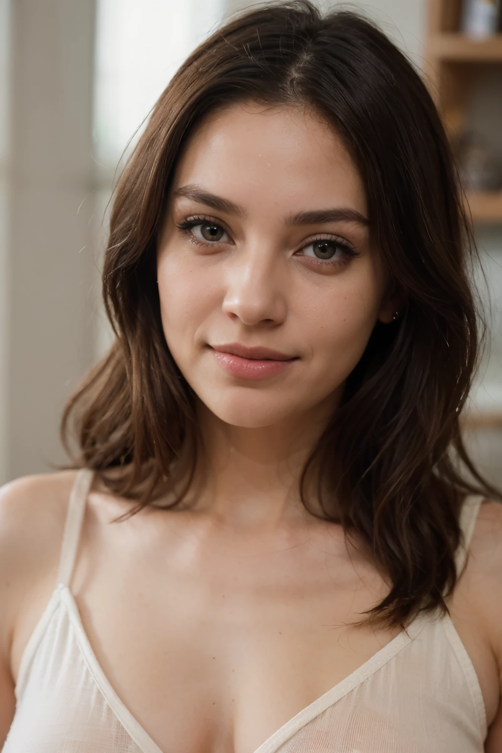 cute beautiful brunette, wearings an entire pijama ,full body, perfect angle, very detailed, 32 years old, flirty face, messy long hair, brown eyes, high-res, masterpiece, best quality,intricate details, highly detailed,sharp focus, detailed skin,realistic skin texture,texture, detailed eyes, professional, 4k, smile, shot on Canon, 85mm,shallow depth of field,kodak vision color,  eyeshadow, extremely detailed, photo_\(ultra\), photorealistic, realistic, post-processing, max detail, roughness, real life, ultra realistic, photorealism, photography, 8k uhd, photography, braless, pokies