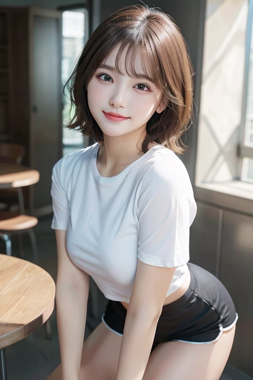 8K, highest quality, real image, intricate details, Super detailed, ultra high resolution, depth field,(realistic,realistic:1.2),table top, narrow eyes, frontal shot , From the middle , 1 girl, 17 year old girl, small eyes:1.3, narrow eyes:1.3, beautiful breasts:1.5、highly detailed eyes:1.2)、(beautiful breasts:1.1), (short hair:1.3), bangs, perfect skin, Fair skin, tight waist, light blush, alone, looking at the viewer, light smile, (white round neck t-shirt, black shorts), locker room