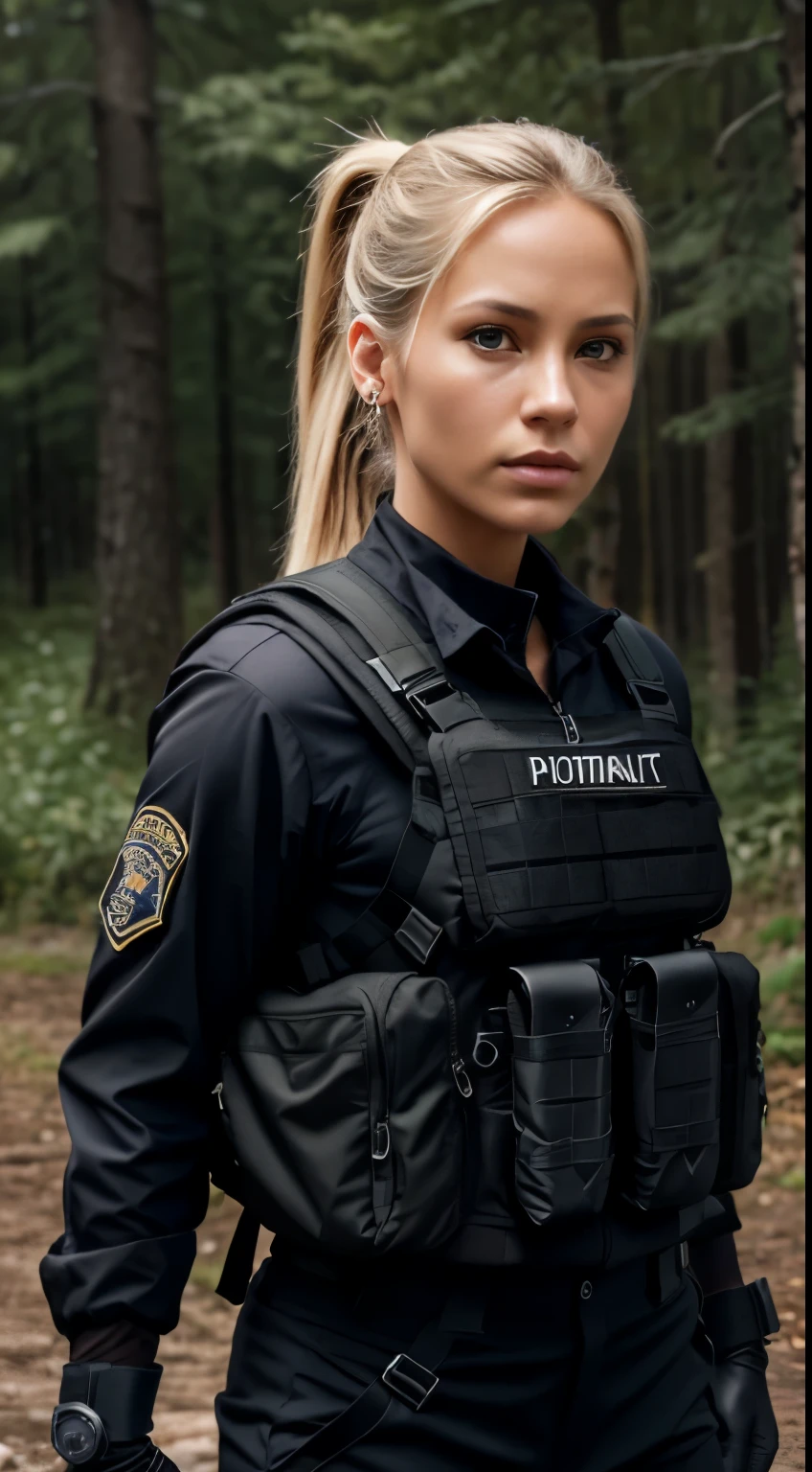Foto hiperrealista en primer plano de 20 years old Maria Bello, masterpiece, best quality, (photorealistic:1.4), beautiful woman, skinny, small breasts, straight blond hair, hair tied in a ponytail, ponytail haircut, detailed face, photo taken from a distance, age 25 tears old, Special forces uniforms、Black tactical vest、black black Military trousers、Black combat gloves、rucksack、Black black military undershirt、SWAT helmet, Detailed facial and chest depictions、detailed hand depiction、Combat pose、Dynamic action、in woods、White smoke、watching at viewers