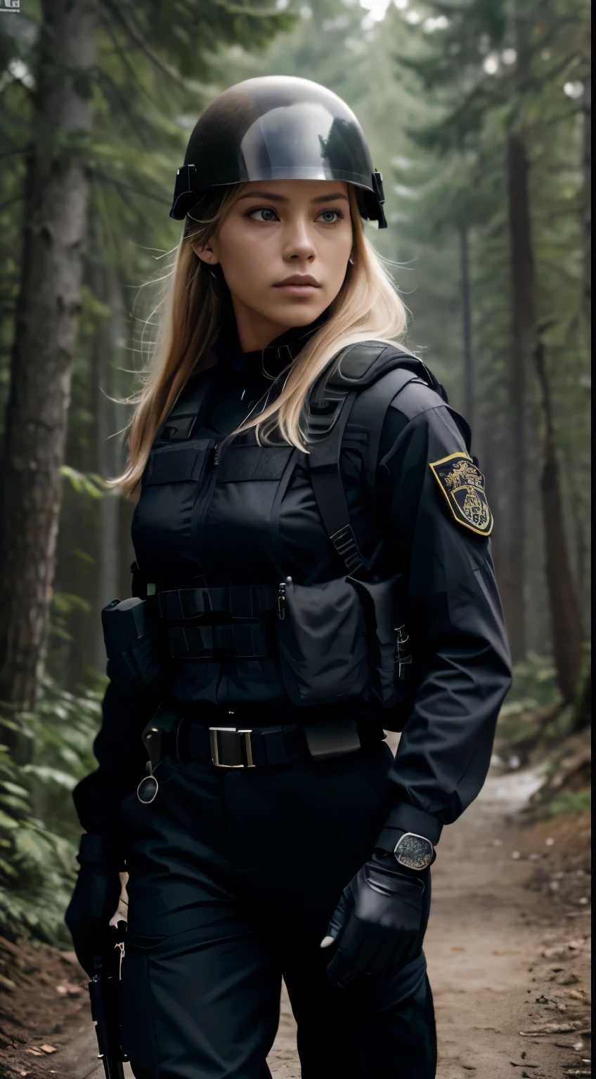 Foto hiperrealista en primer plano de 20 years old Maria Bello, masterpiece, best quality, (photorealistic:1.4), beautiful woman, skinny, small breasts, straight blond hair, detailed face, photo taken from a distance, age 25 tears old, Special forces uniforms、Black tactical vest、black black Military trousers、Black combat gloves、rucksack、Black black military undershirt、SWAT helmet, Detailed facial and chest depictions、detailed hand depiction、Combat pose、Dynamic action、in woods、White smoke、watching at viewers