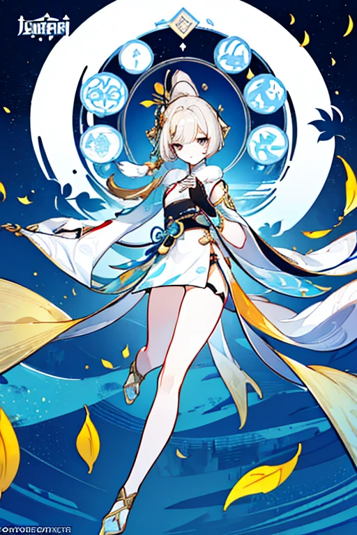 (Masterpiece: 1.5, Best quality, High resolution: 1.3, Super resolution, Super detailed, Ultra detailed: 1.3, Rich background: 1.2, 1 women)) pale skin + ash blonde hair + yellow left eye, black right eye + eyelashes long bottoms + short pixie hair + long bangs covering right eye + soft thighs + medium chest + long legs + curvilinear body + toned body (female Chinese costume, modern hanfu style, white fluffy scarf, small jewelry) ((shy smile, elegant fingers near the chin, falling leaves, photo icon)) ( colors to use: gold, black, white, light blue, red)