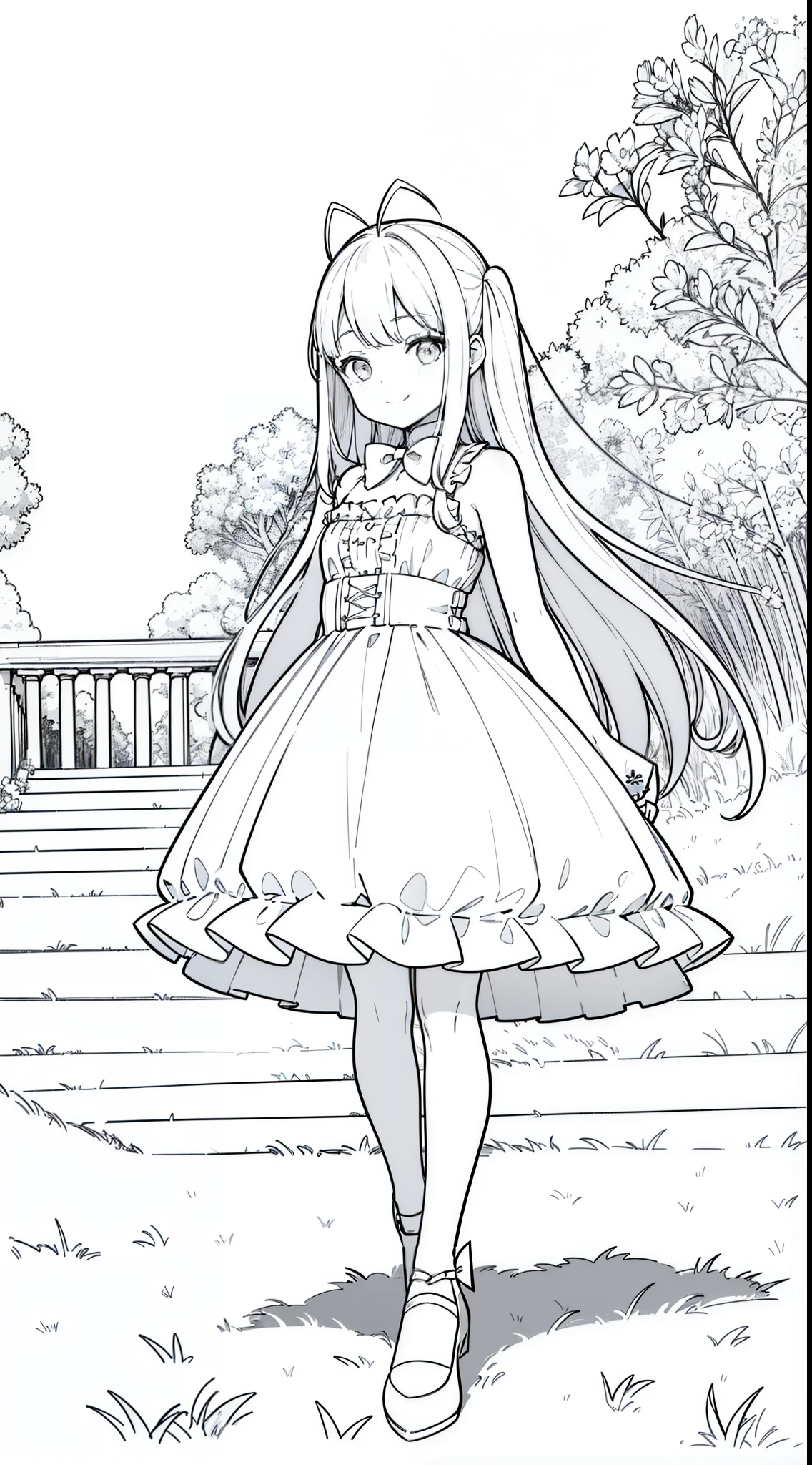 (1girl,s old),white hair,long hair,white pantyhoses,white dress mono color,frills, sleeveless, cleavage, bow tie, bare shoulders,(((hair 2antennas))),smile,(walking in a staircase, grass, sky,line drawing),