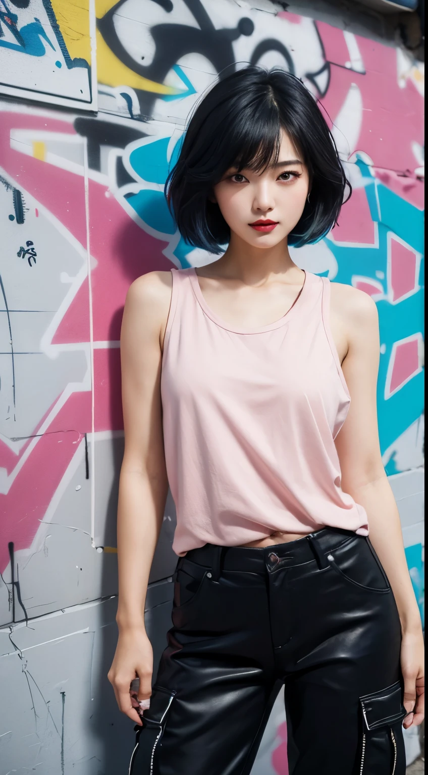 best quality, Clarity, 4k, 8k, detail, actual, Beautiful Girl, Korean makeup, Red lips, pink and blue mullet haircut, Perfect body, thigh, stand, pose standing, medium chest, tank top, black Cargo Box Pants, Solid graffiti wall background, Graffiti art,