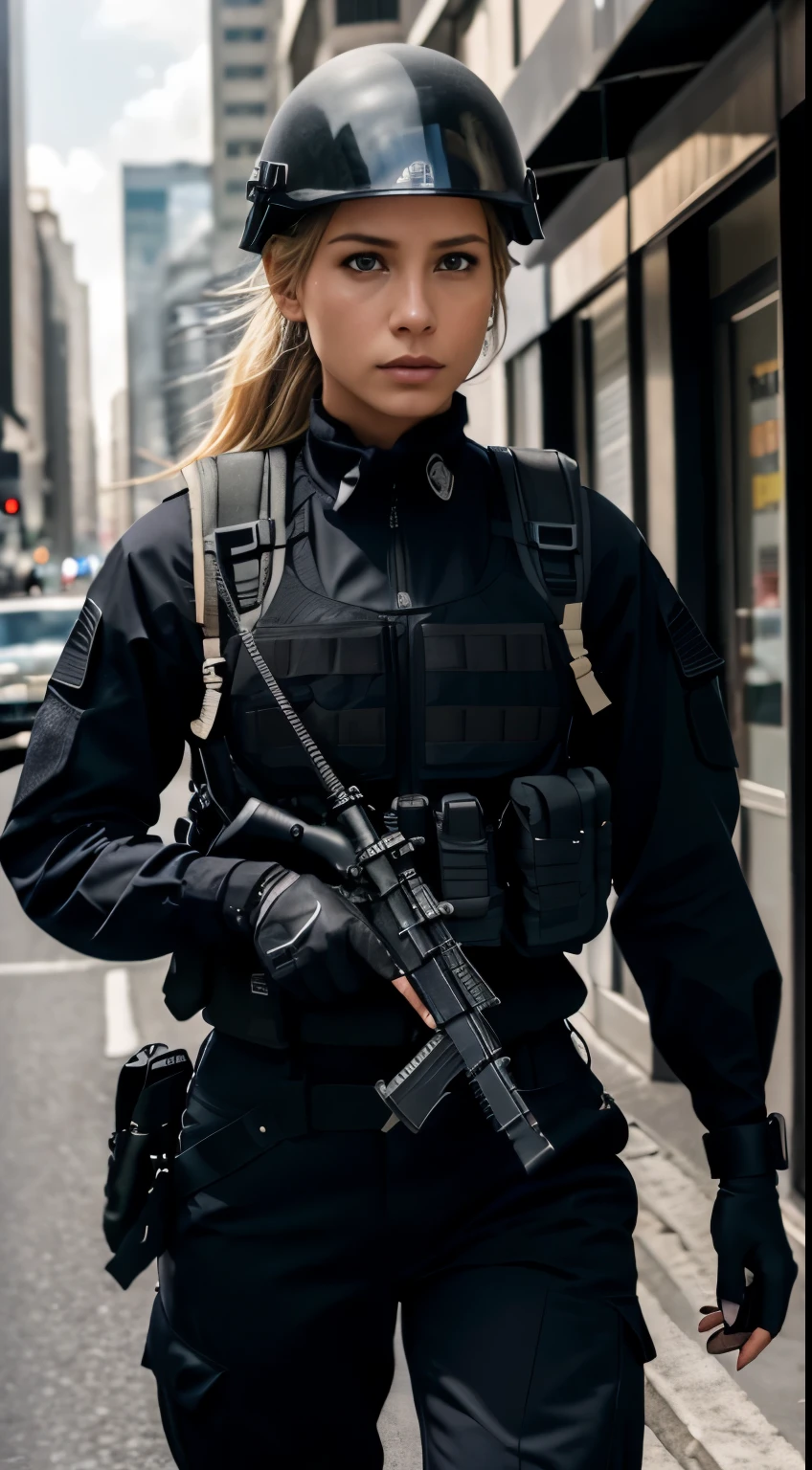 Foto hiperrealista en primer plano de 20 years old Maria Bello, masterpiece, best quality, (photorealistic:1.4), beautiful woman, skinny, small breasts, straight blond hair, detailed face, photo taken from a distance, age 25 tears old, Special forces uniforms、Black tactical vest、black black Military trousers、Black combat gloves、rucksack、Black black military undershirt、SWAT helmet, Detailed facial and chest depictions、detailed hand depiction、Combat pose、Dynamic action、on the city street、White smoke、watching at viewers