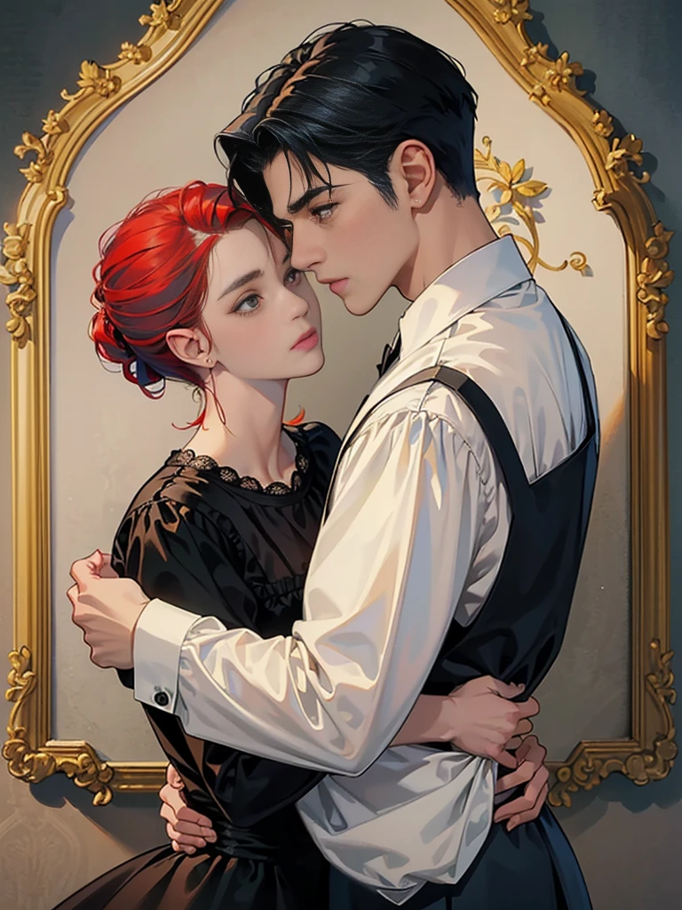 ((obras maestras)), mejor calidad, outstanding illustration, (((A couple seeing each other))), enfoque suave, (((1 chico de cabello negro corto))) (((ojos azules))) (((ropa de mago oscuro))), (((1 chica de (((Pelo rojo))) largo rizado))) (((ojos dorados))) (((vestido de novia BLANCO elaborado y hermoso))), Ropa victoriana, Victorian and magical romanticism, ambiente opulento y exquisito, Soft light and warm lighting.