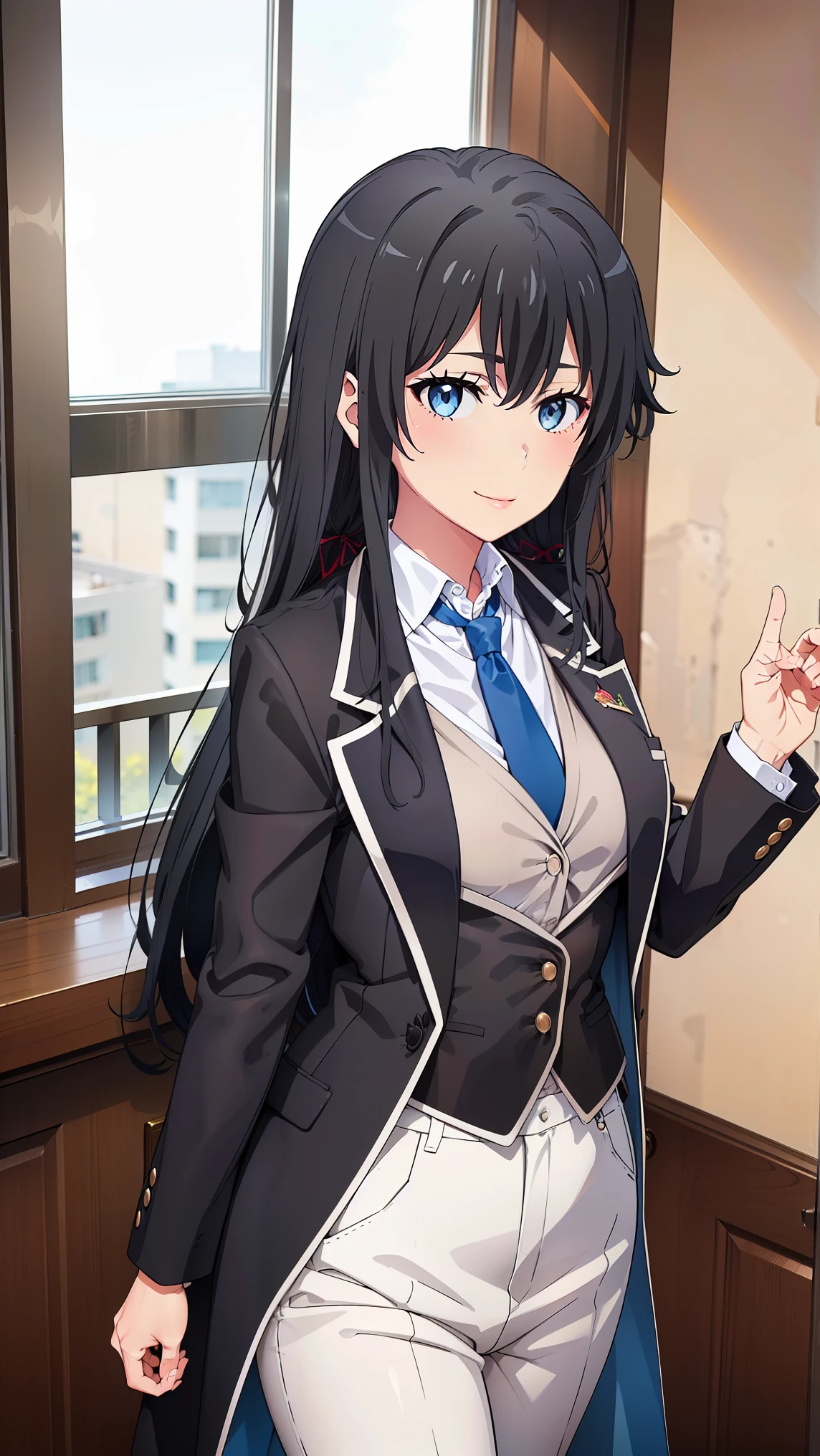 ((best quality)), ((masterpiece)), (detailed) 1girl, ;\), blurry, blurry_background, breasts, , hair_long looking_at_viewer, ok_sign, open_hand, Yukinoshita Yukino ,Woman wearing formal clothes, An attractive coat stands in a large gap in the room , 1girl, 独奏, blue necktie, Black hair, eyes blue, long hair, smile , collared shirt, white pants, white shirt , Elegantly designed coat , Stand in front of a window ,Perfectly tailored tailcoat. It has a stunning Victorian design and is made of lustrous fabric