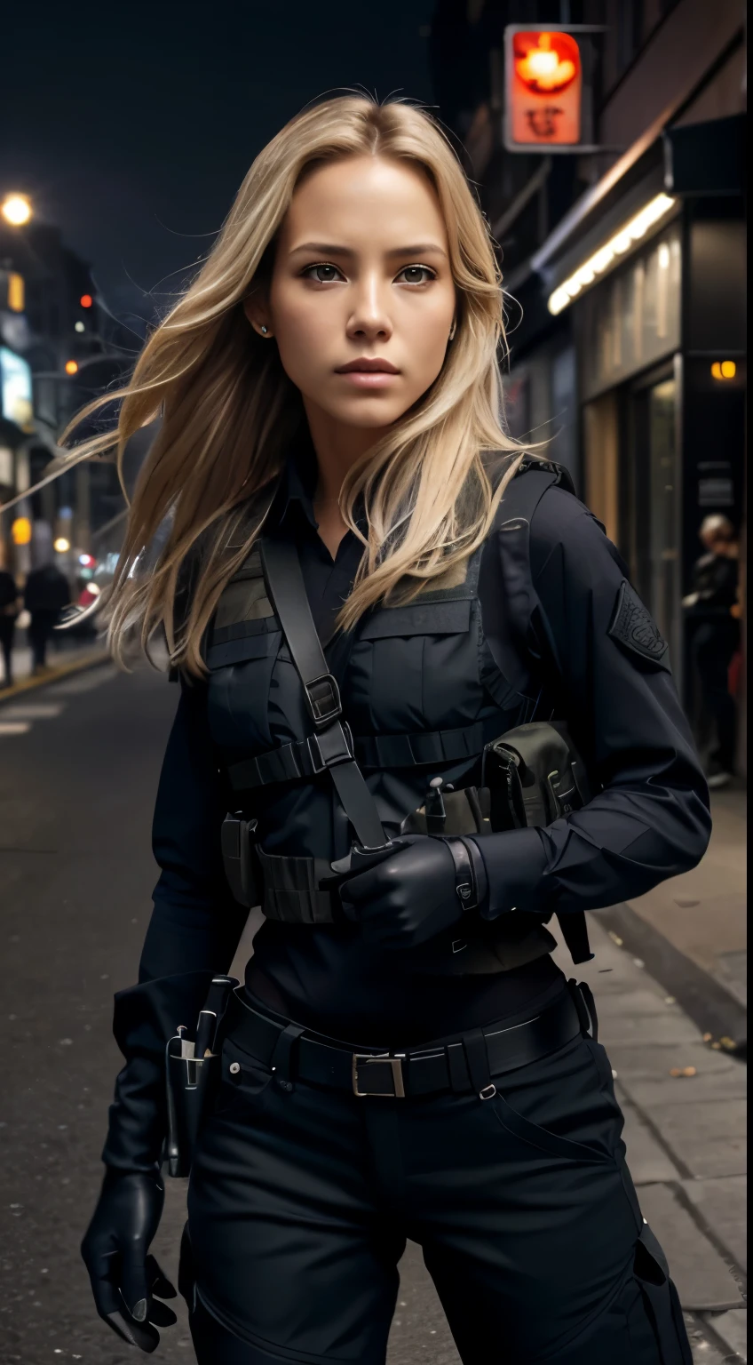 Foto hiperrealista en primer plano de 20 years old Maria Bello, masterpiece, best quality, (photorealistic:1.4), beautiful woman, skinny, small breasts, straight blond hair, detailed face, photo taken from a distance, age 25 tears old, Special forces uniforms、Black tactical vest、black black Military trousers、Black combat gloves、rucksack、Black black black military long-sleeves shirt、Detailed facial and chest depictions、detailed hand depiction、Combat pose、Dynamic action、on the city street、White smoke、watching at viewers