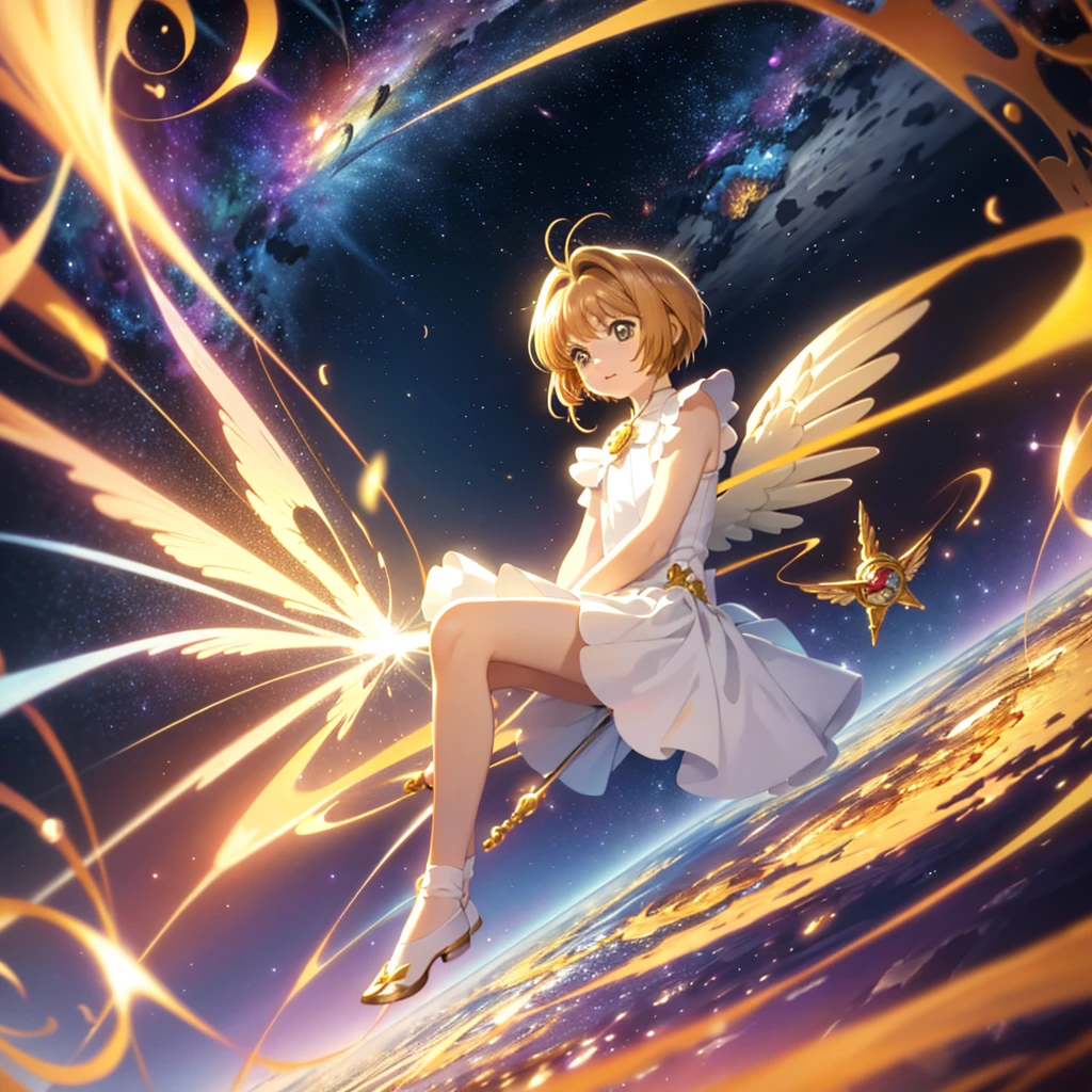 realistic, (masterpiece, excellent quality, highest quality, official art, beautiful and aesthetic: 1.2),(flight:1.4) very detailed, fractal art, colorful, more detailed, (abstract background: 1.5) (1 girl: 1.3), light brown hair, bright eyes, Hilarious, Hairstyle back, short hair, , milky way, Giant magic golden Sagittarius astrolabe, dream, fantasy, Golden trim, beautiful and detailed sky, Style and decoration, Female-only room, (Sakura Cardcaptor)