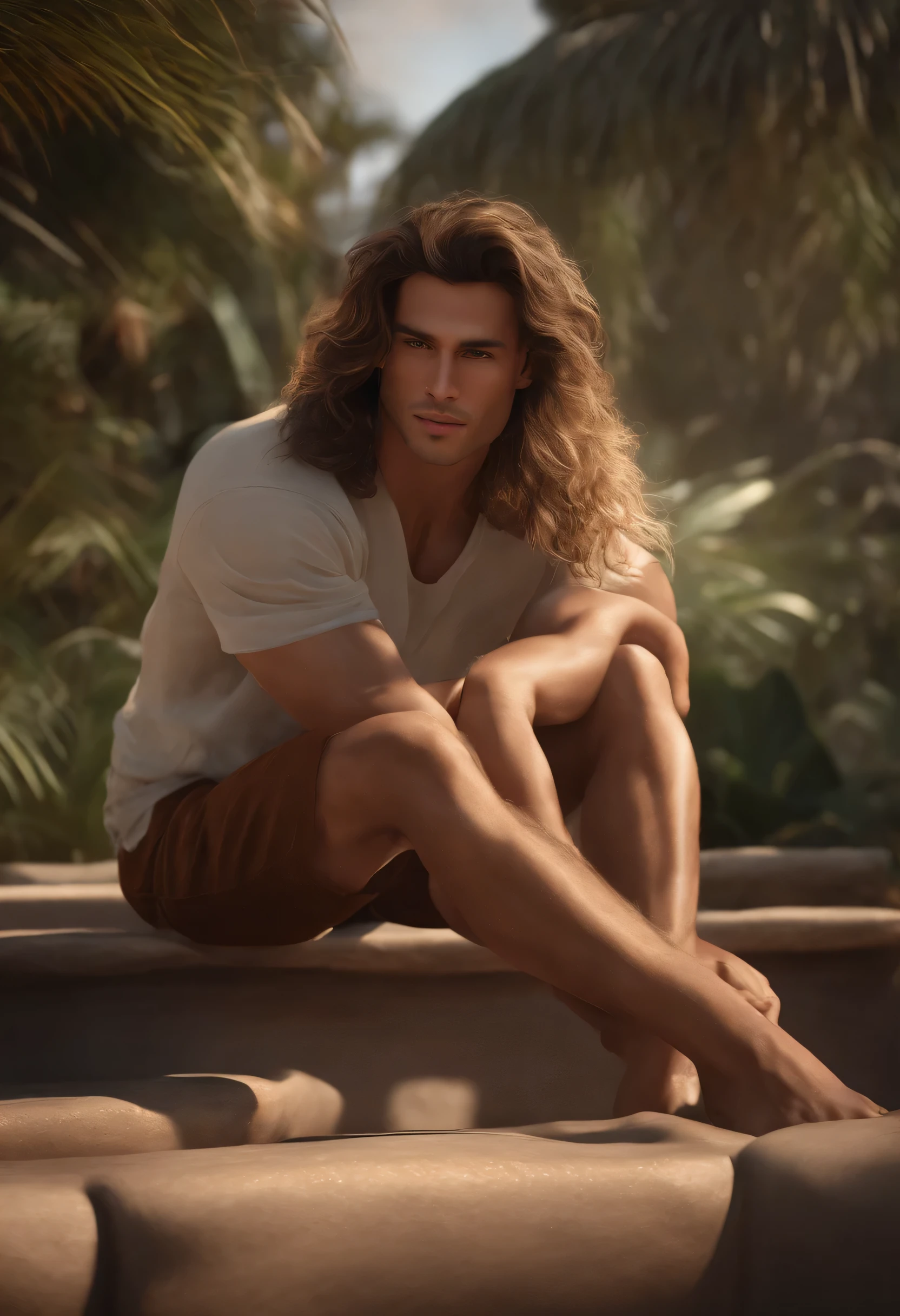 Cinematic soft lighting illuminates an incredibly detailed and ultra-realistic Latin American male supermodel.., mira la playa, messy hair light brown hair, Ojos verde claro, Cautivadora sonrisa perfecta, Sensual, hombre caliente, insanamente bonito, que es tendencia en ArtStation. Octane is the perfect tool to capture the softest details of this masterpiece of 16k photography.