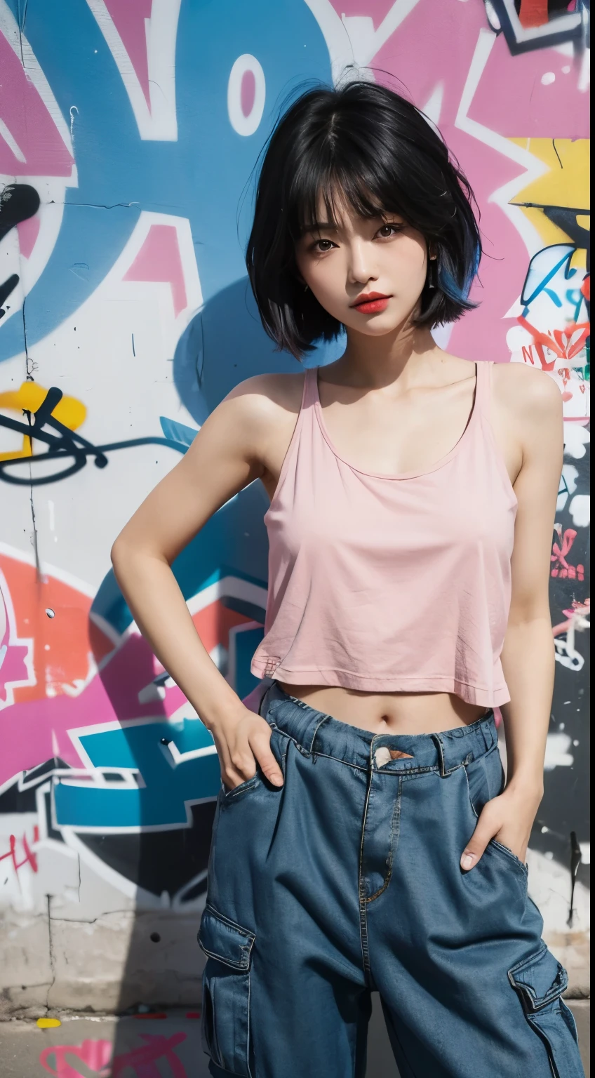 best quality, Clarity, 4k, 8k, detail, actual, Beautiful Girl, Korean makeup, Red lips, pink and blue mullet haircut, Perfect body, thigh, stand, pose standing, medium chest, tank top, black Cargo Box Pants, Solid graffiti wall background, Graffiti art,