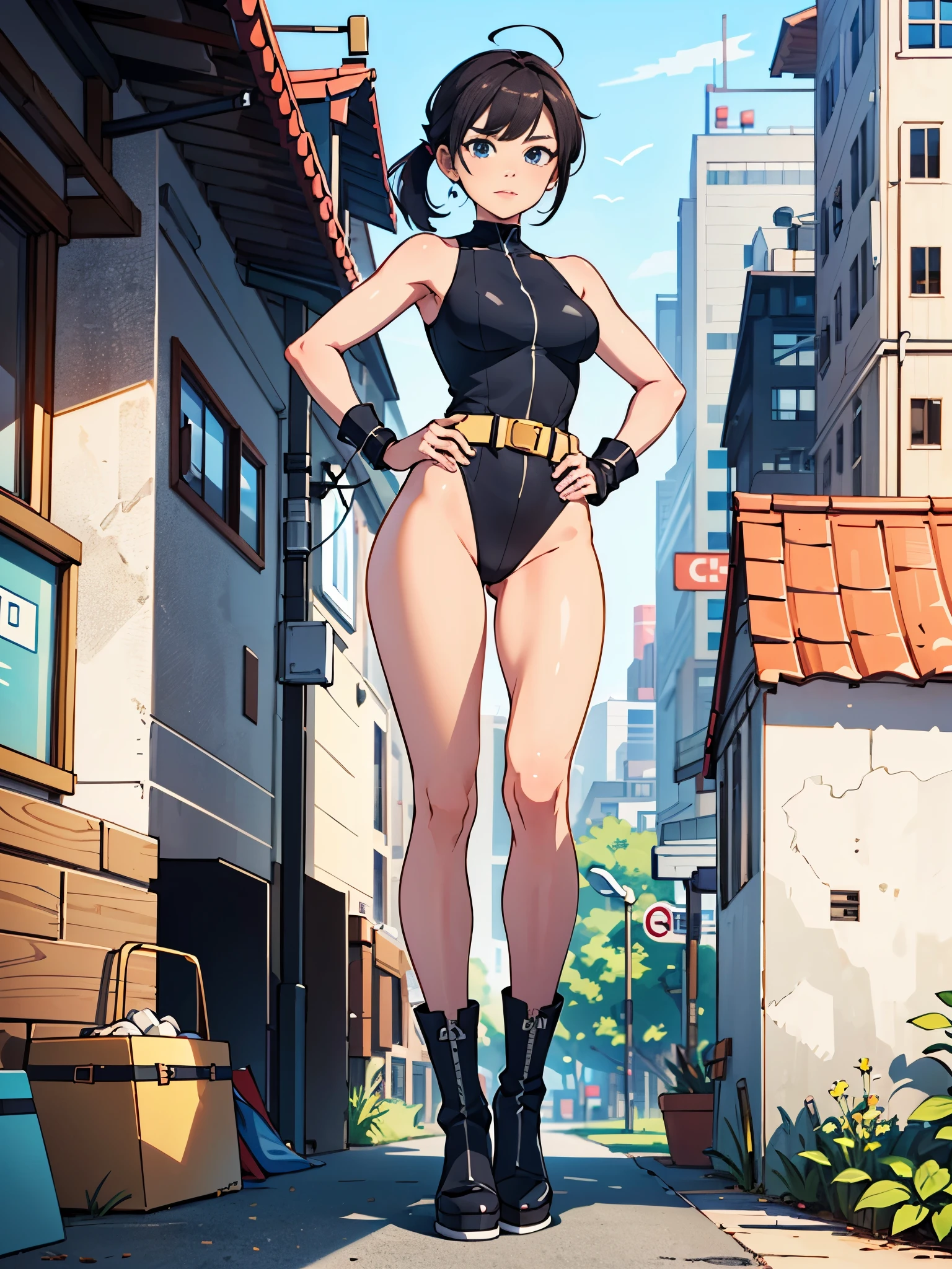 (((pixel-perfect, detail-perfect))), 1girl, superhero, leotard, highleg leotard, bare legs, boots, standing, solo focus, golden belt, hands on hip, full body shot, mature lady, city backdrop, sleeveless, ultra highres, absurdres, beautiful face, detailed eyes, symmetric eyes, perfect body, good proportions