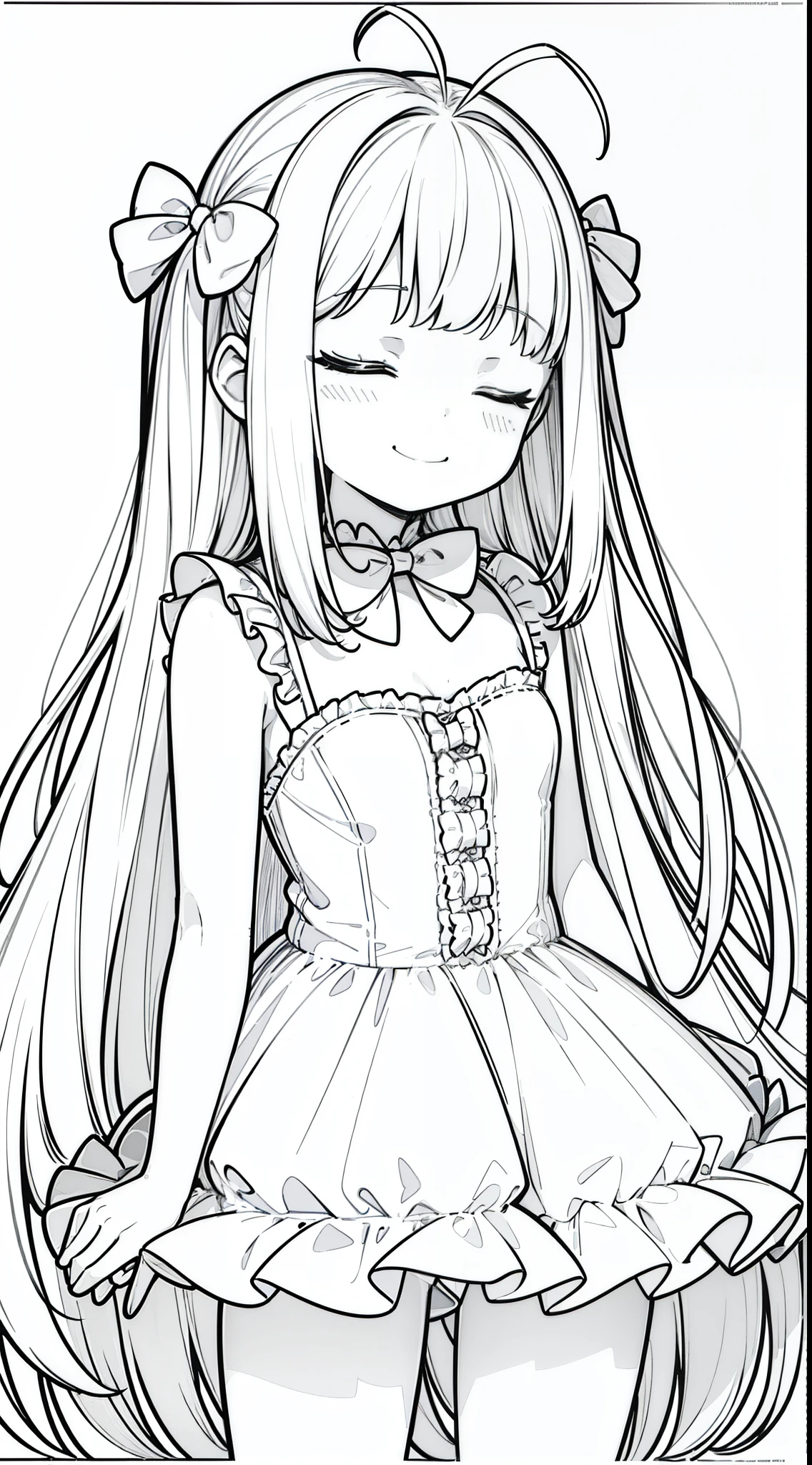 (1girl,10 years old),white hair,long hair,white pantyhoses,white dress mono color,frills, sleeveless, cleavage, bow tie, bare shoulders,(((hair 2antennas))),smile,(whote baclground,line drawing),portrait,(closed eyes,smile)