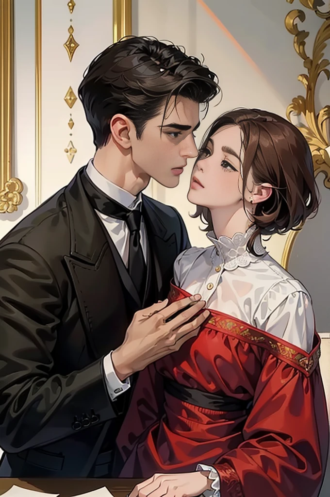 ((obras maestras)), mejor calidad, outstanding illustration, man’s hand on the Chin, a couple kissing, enfoque suave, 1 chico de cabello negro corto, 1 chica de pelo rojo largo rizado, Ropa victoriana, romanticismo victoriano, ambiente opulento y exquisito, Soft light and warm lighting.