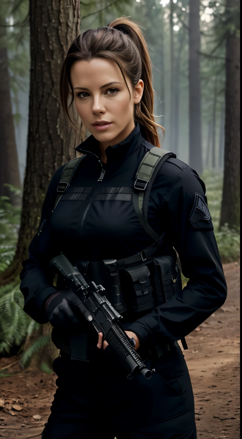 Foto hiperrealista en primer plano de Kate Beckinsale, masterpiece, best quality, (photorealistic:1.4), beautiful woman, skinny, small breasts, straight brown hair, hair tied in a ponytail, ponytail haircut, detailed face, smile, photo taken from a distance, age 25 tears old, Special forces uniforms、Black tactical vest、black black Military trousers、Black combat gloves、rucksack、Black black military undershirt、SWAT helmet, Detailed facial and chest depictions、detailed hand depiction、Combat pose、Dynamic action、in woods、White smoke、watching at viewers