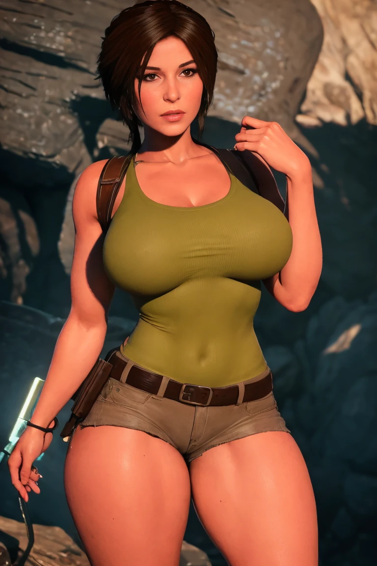 ((Front view)). (Lara Croft standing waist-high in a river) in the jungle at night. Wet body. Wet clothes. ((Light grey, Wet see-through shirt)). She is soaking wet. Beautiful face. Perfect anatomy. Arms by her side. (Wearing skin tight Khaki micro-skirt.)) Enigmatic smile. (Heavy bosom) (covered Nipples)