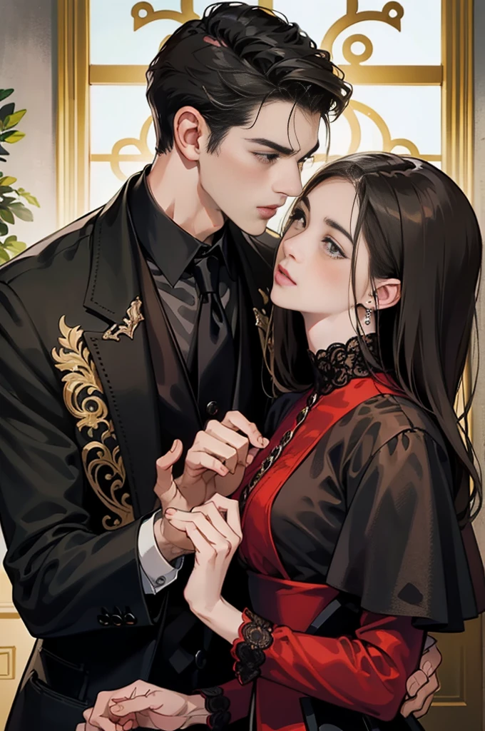 ((obras maestras)), mejor calidad, outstanding illustration, man’s hand on the Chin, a couple kissing, enfoque suave, 1 chico de cabello negro corto, 1 chica de pelo rojo largo rizado, Ropa victoriana, romanticismo victoriano, ambiente opulento y exquisito, Soft light and warm lighting.