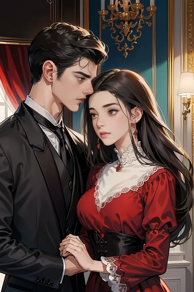 ((obras maestras)), mejor calidad, outstanding illustration, man’s hand on the Chin, a couple kissing, enfoque suave, 1 chico de cabello negro corto, 1 chica de pelo rojo largo rizado, Ropa victoriana, romanticismo victoriano, ambiente opulento y exquisito, Soft light and warm lighting.