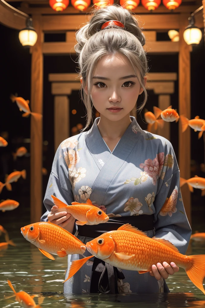 movie lighting，(((master piece))), ((best quality)), ((complex and detailed)), ((ultra realistic realism)), 4K,1 beautiful woman, ponytail,extra thin yukata,beautiful features,beautiful brown eyes,perfect face,Slender,big and full breasts,Are you having fun, large goldfish bowl , swirling flock of goldfish, floating goldfish, graphic illustration, watch the fish swim,lots of goldfish, amazing depth, the cutest, lots of fish balls,Goldfish scooped at a summer festival, (The background is the summer festival of the shrine:1.4), silver hair, スプリットponytail, star-shaped pupil, conceptual art, art nouveau, shining light, nffsw, rough skin, table top, anatomically correct, highest quality, 8K