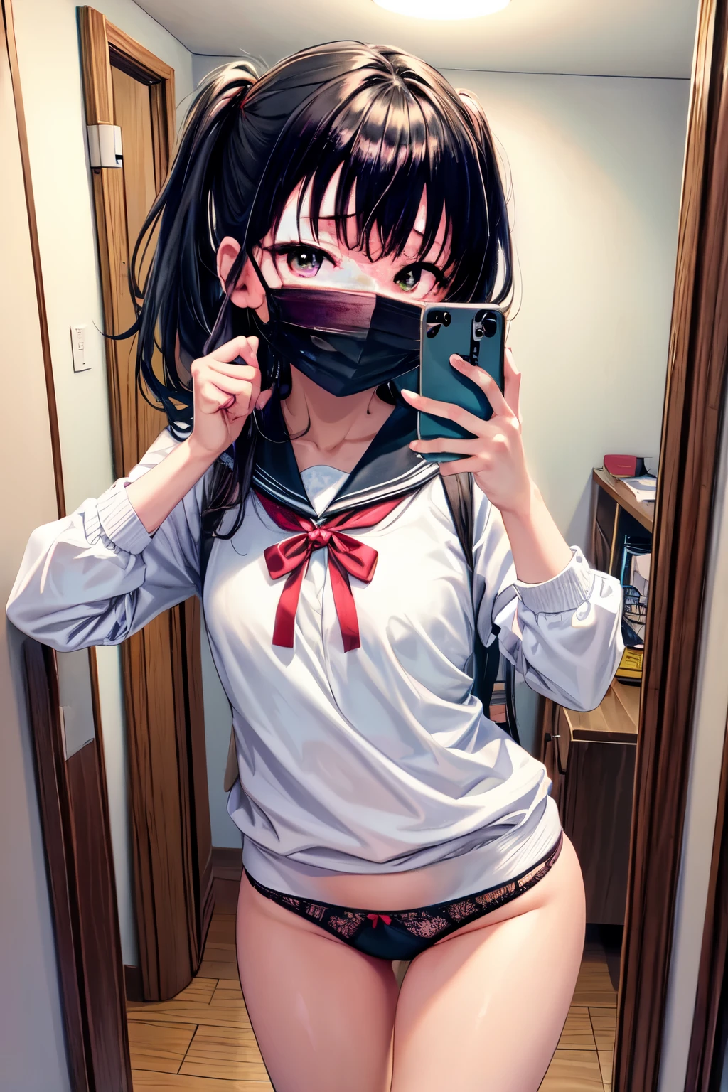 NSFW,(uraaka),Selfie on iphone with mirror, hiding face with hand to avoid identification,(1 girl),schoolgirl,Cozy bedroom with a cute clock on the wall.Cute and sexy panties,,(((masterpiece))), (((best quality))), ((ultra-detailed)), (illustration),Black surgical mask,(yamanosusume)