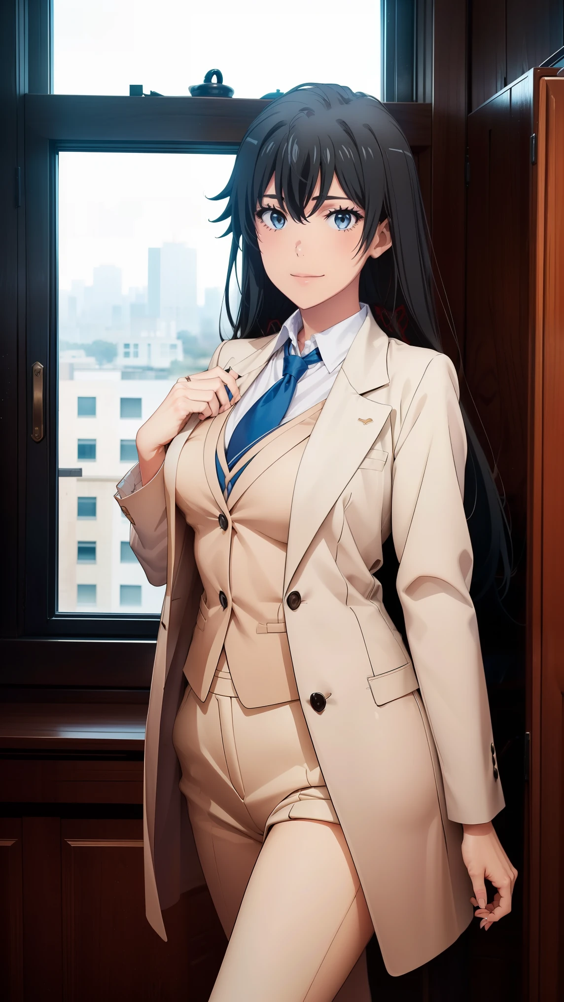 ((best quality)), ((masterpiece)), (detailed) 1girl, ;\), blurry, blurry_background, breasts, , hair_long looking_at_viewer, ok_sign, open_hand, Yukinoshita Yukino ,Woman wearing formal clothes, An attractive coat stands in a large gap in the room , 1girl, 独奏, blue necktie, Black hair, eyes blue, long hair, smile , collared shirt, white pants, white shirt , Elegantly designed coat , Stand in front of a window ,Perfectly tailored tailcoat. It has a stunning Victorian design and is made of lustrous fabric