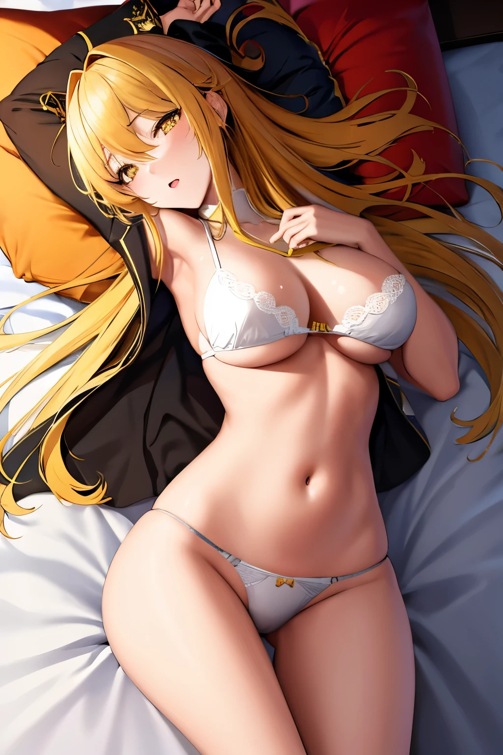 High quality 4k illustration. (1 sexy anime girl),[sexy girl] long detailed yellow hair, bright yellow eyes,[semi naked] underwear, panties: black, bra: light white, medium breasts. {looking at the viewer lying on a bed}.