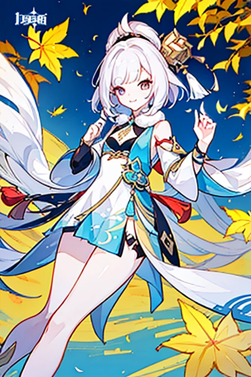 (Masterpiece: 1.5, Best quality, High resolution: 1.3, Super resolution, Super detailed, Ultra detailed: 1.3, Rich background: 1.2, 1, women )) pale skin + ash blonde hair + yellow left eye, black right eye + eyelashes long bottoms + short pixie hair + long bangs covering right eye + soft thighs + big chest + long legs + curvilinear body + toned body (female Chinese costume, modern hanfu style, white fluffy scarf, small jewelry, honkai star rail) ((shy smile, elegant fingers near the chin, falling leaves, photo icon)) ( colors to use: gold, black, white, light blue, red))