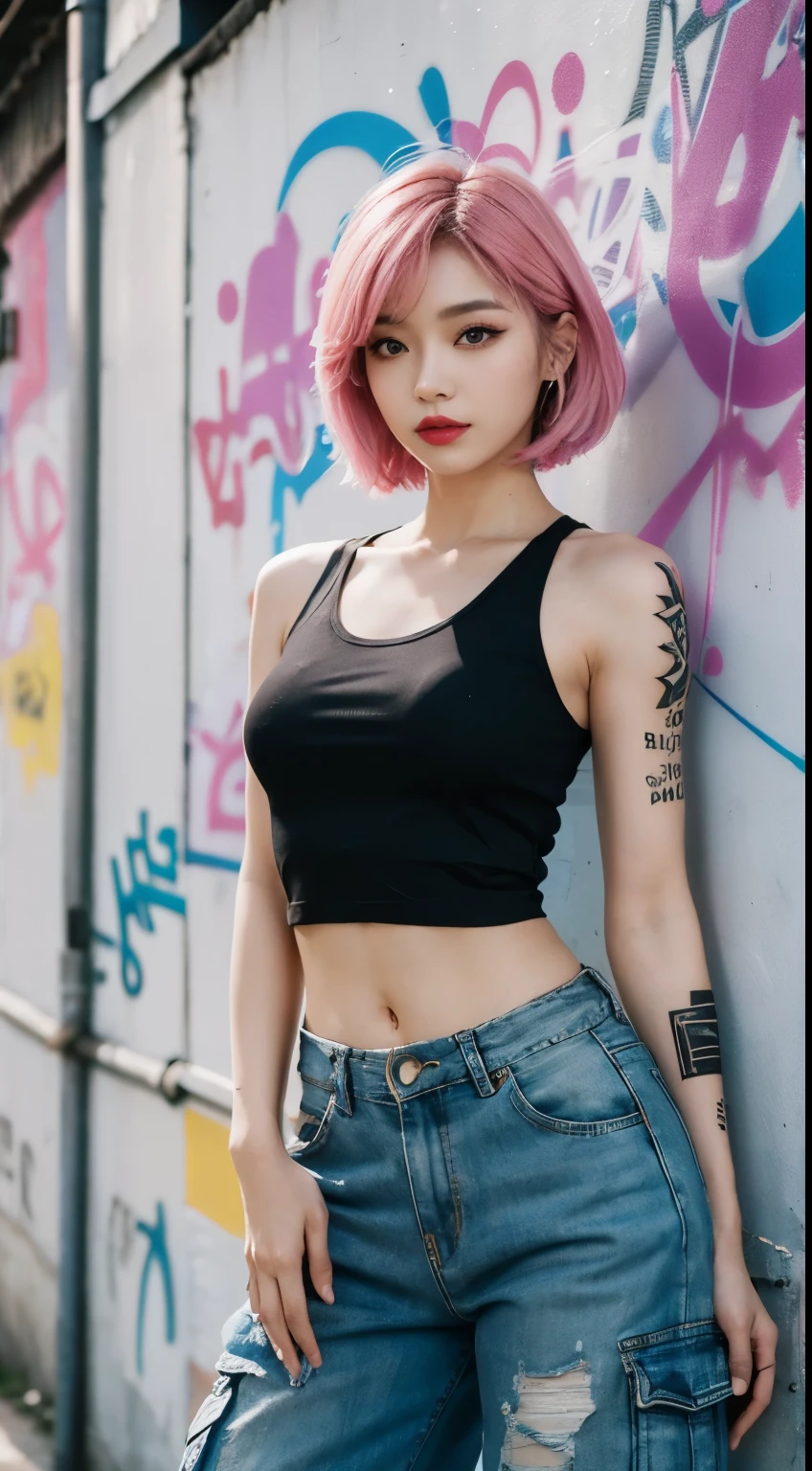 best quality, Clarity, 4k, 8k, detail, actual, Beautiful Girl, Korean makeup, Red lips, pink and blue mullet haircut, Perfect body, tattoo arm, thigh, stand, pose standing, medium chest, tank top, black Cargo Box Pants, Solid graffiti wall background, Graffiti art,