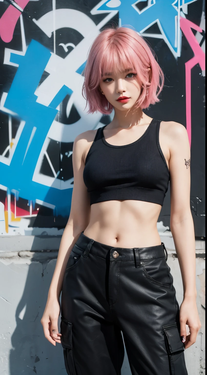 best quality, Clarity, 4k, 8k, detail, actual, Beautiful Girl, Korean makeup, Red lips, pink and blue mullet haircut, Perfect body, tattoo arm, thigh, stand, pose standing, medium chest, tank top, black Cargo Box Pants, Solid graffiti wall background, Graffiti art,