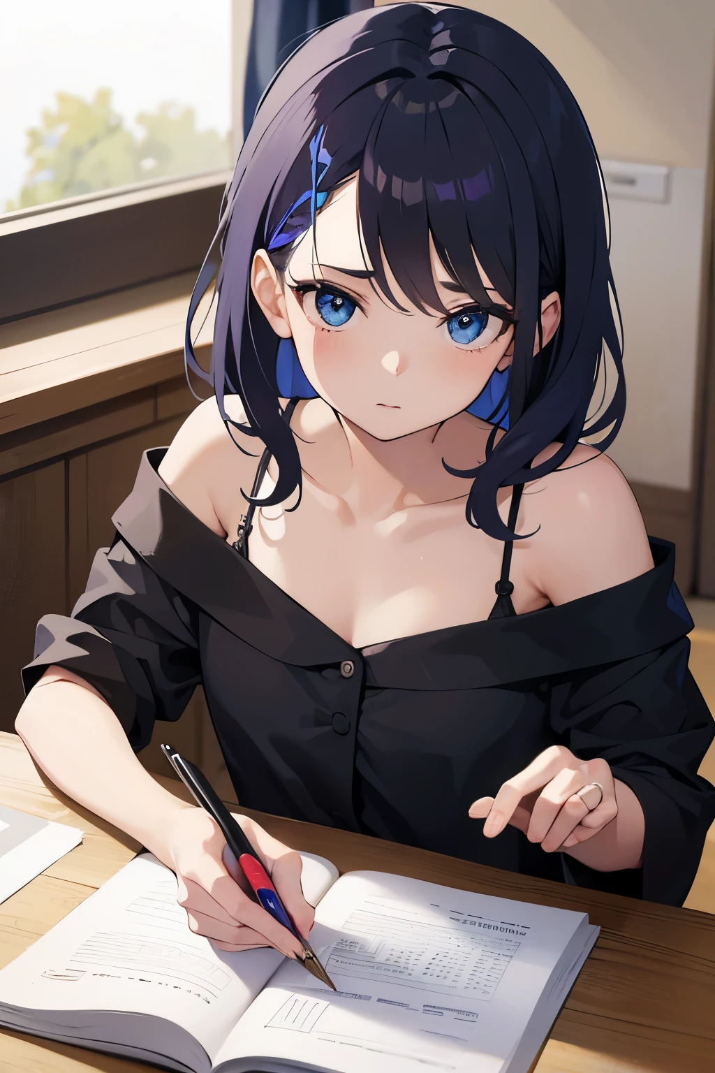 jolie jeune fille, assise à son bureau, les cheveux noirs, les yeux noisettes ultra détaillée, un appareil photo posé sur le bureau, en train de dessiner éclairage chaud